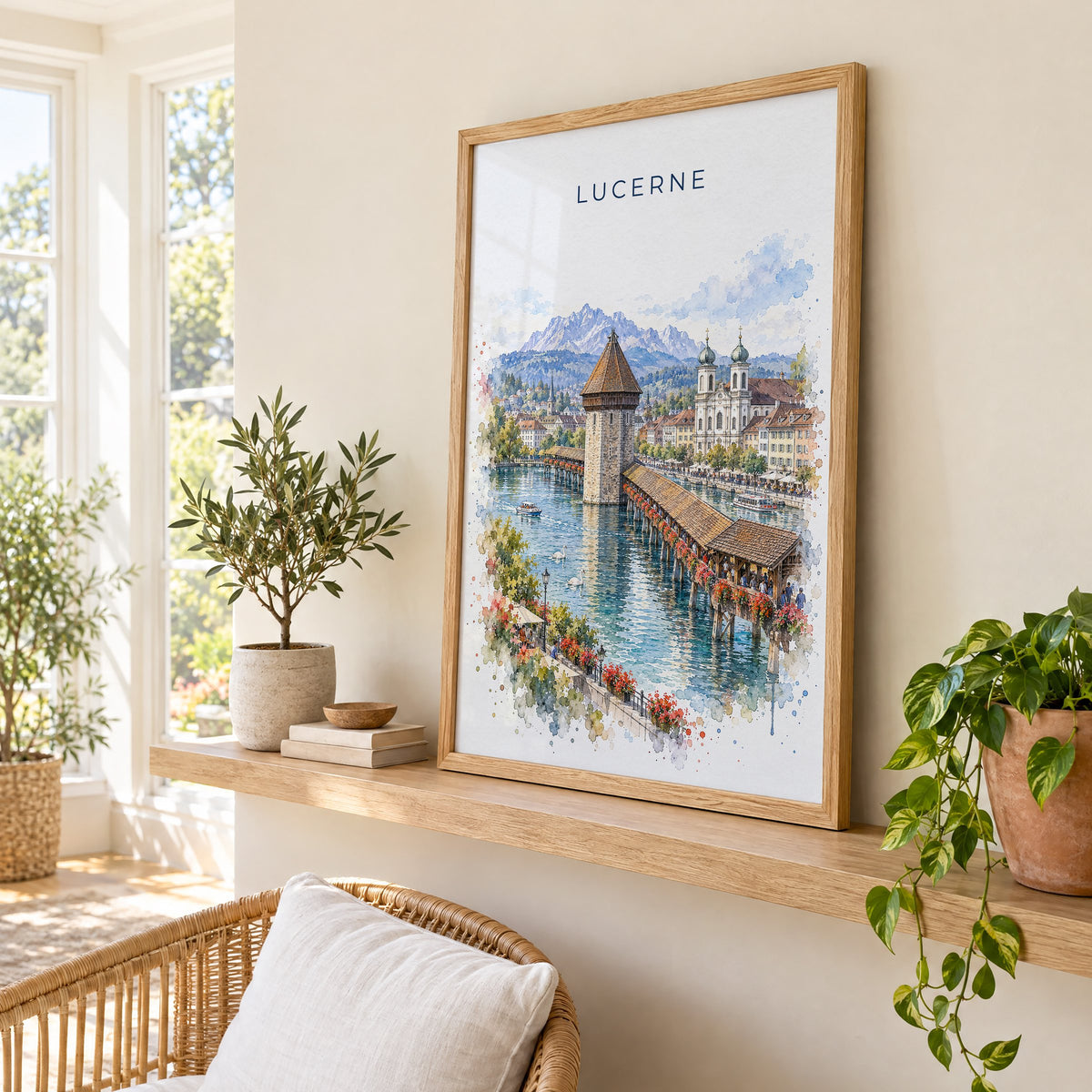 Lucerne watercolor print in an oak frame on a picture ledge in a sunlit sunroom