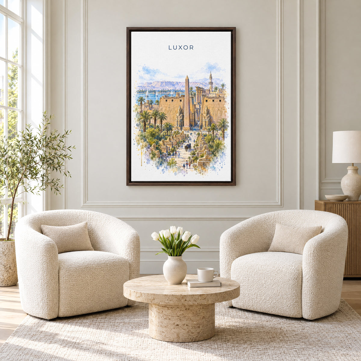 Luxor watercolor print as an espresso floater canvas above two boucle armchairs in a hotel lounge