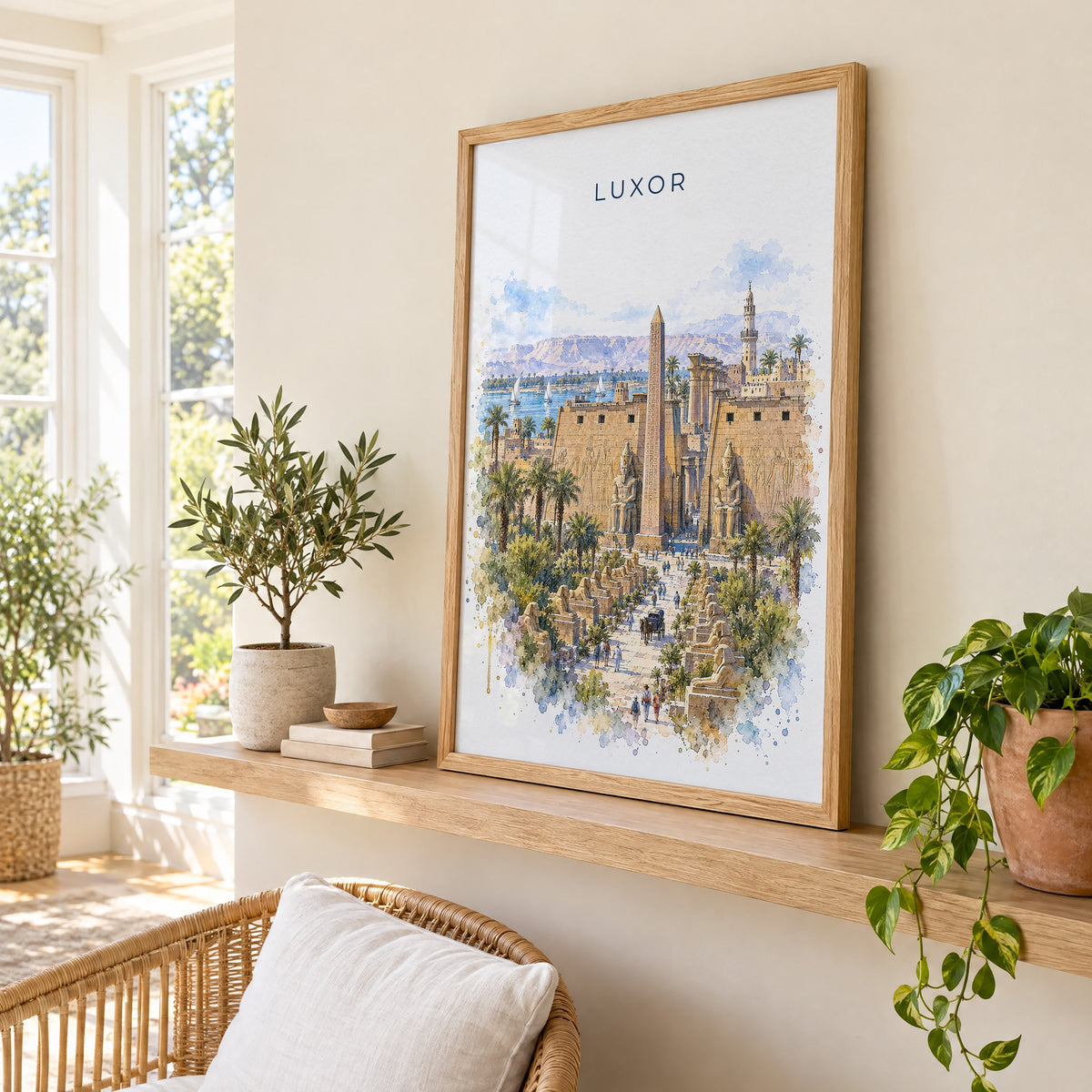 Luxor watercolor print in an oak frame on a picture ledge in a sunlit sunroom