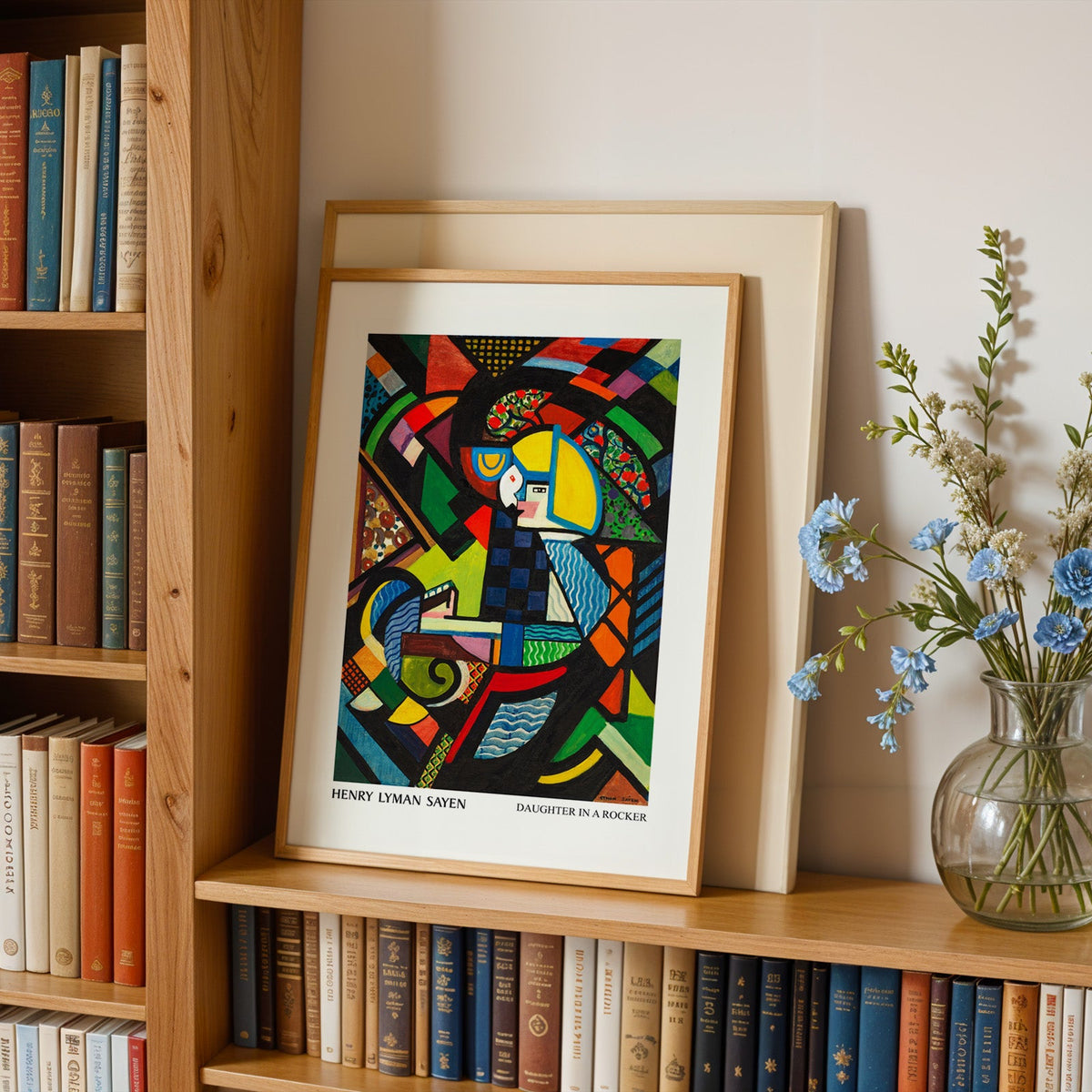 Patterned modern print in an oak frame leaning on a bookshelf beside flowers