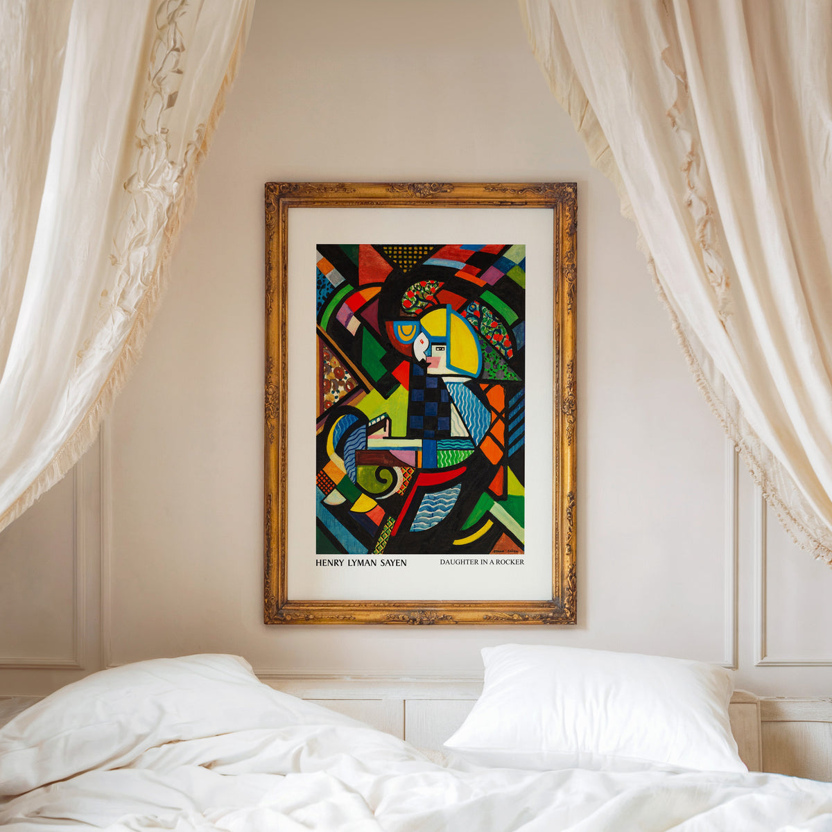 Daughter in a Rocker print shown in an ornate gold frame above a canopy bed
