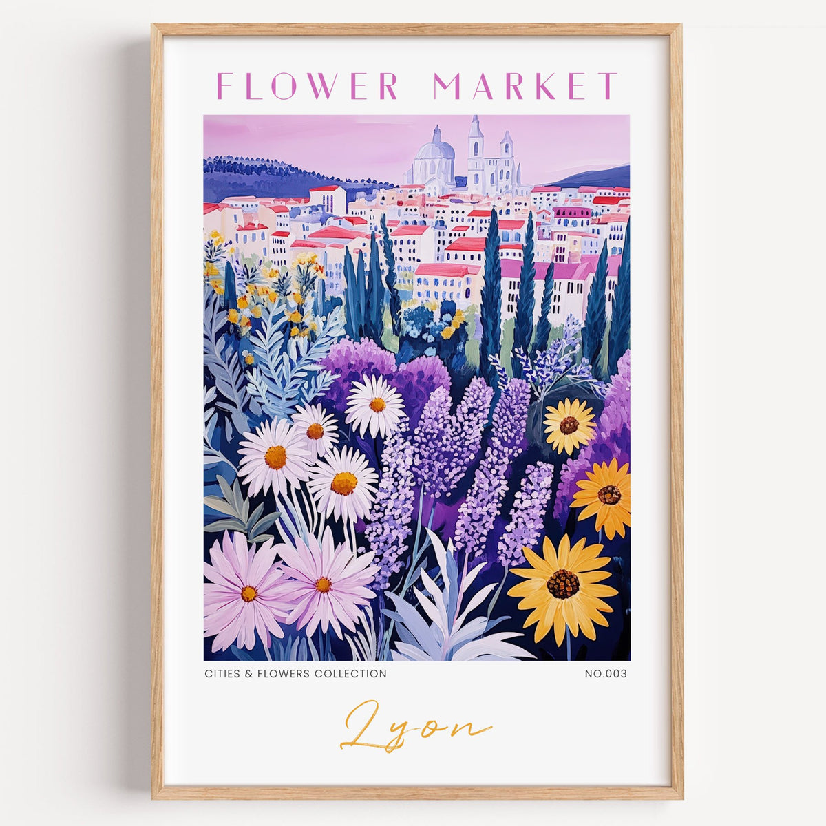 Lyon flower market print in a light oak frame on a plain white wall