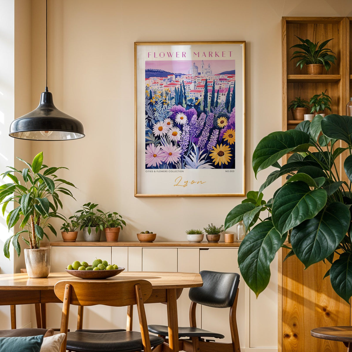 Lyon flower market print in an oak frame above a dining sideboard lined with potted plants