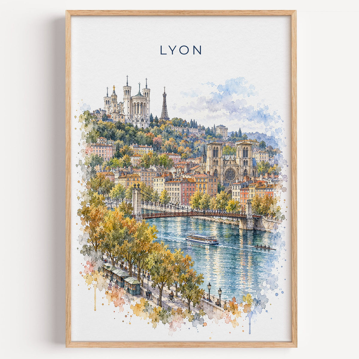 Lyon watercolor print in a light oak frame on a plain white wall