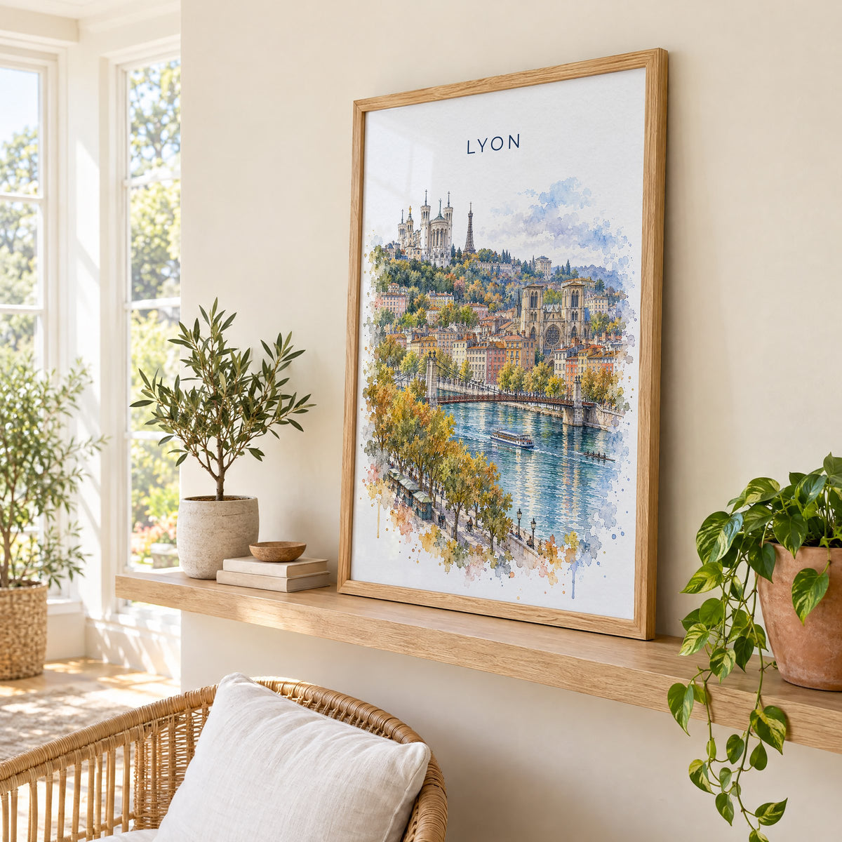 Lyon watercolor print in an oak frame on a picture ledge in a sunlit sunroom
