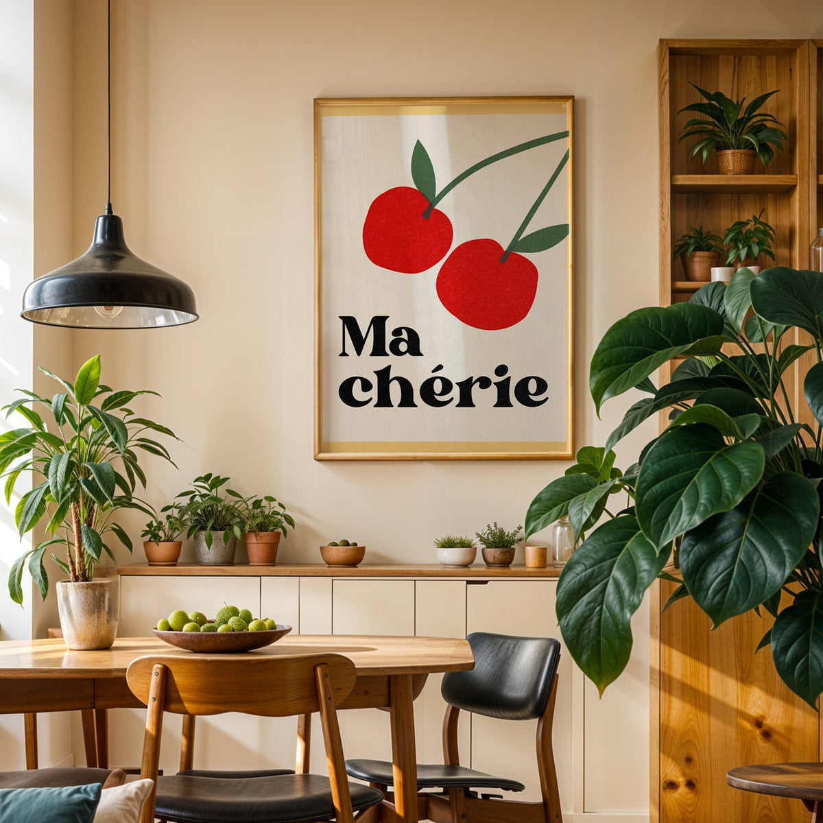 Ma Cherie cherries print in an oak frame in a dining room above a plant-lined sideboard