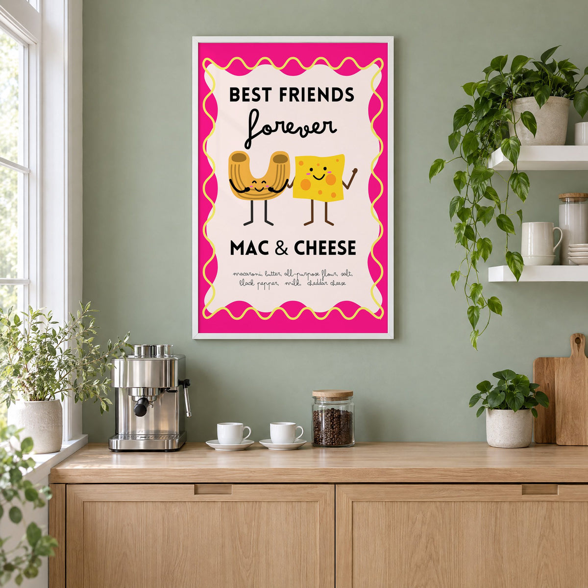 Mac and cheese best friends pink print in a white frame on a sage green coffee nook wall above an espresso machine