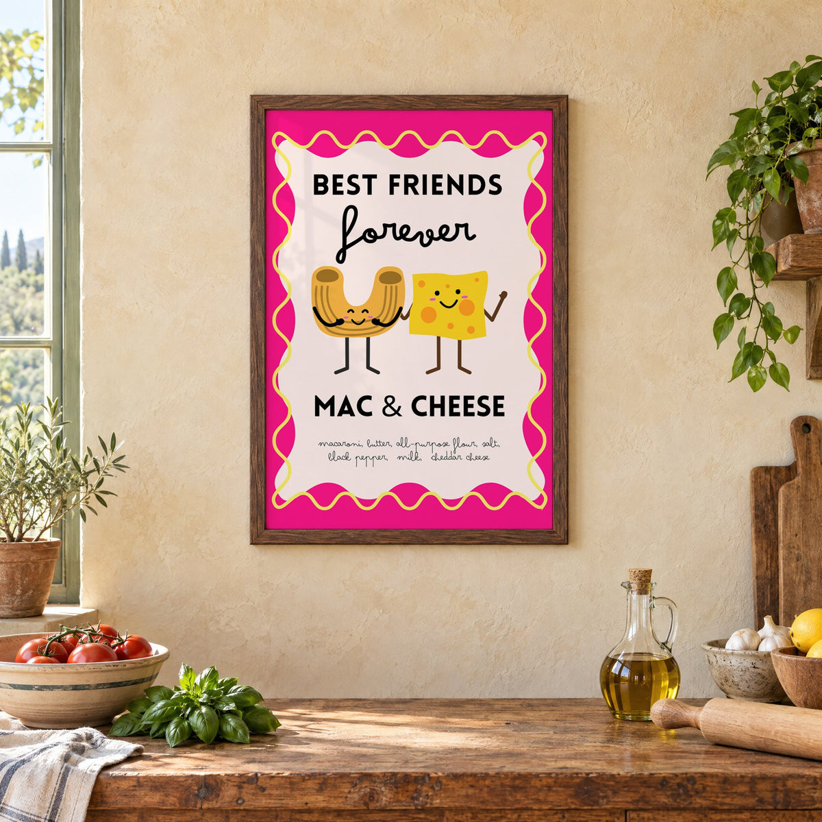 Mac and cheese best friends pink print in a walnut frame above a rustic Italian kitchen table with tomatoes
