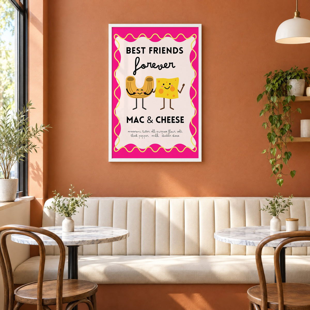 Mac and cheese best friends pink print in a white frame above a cream banquette on a terracotta cafe wall