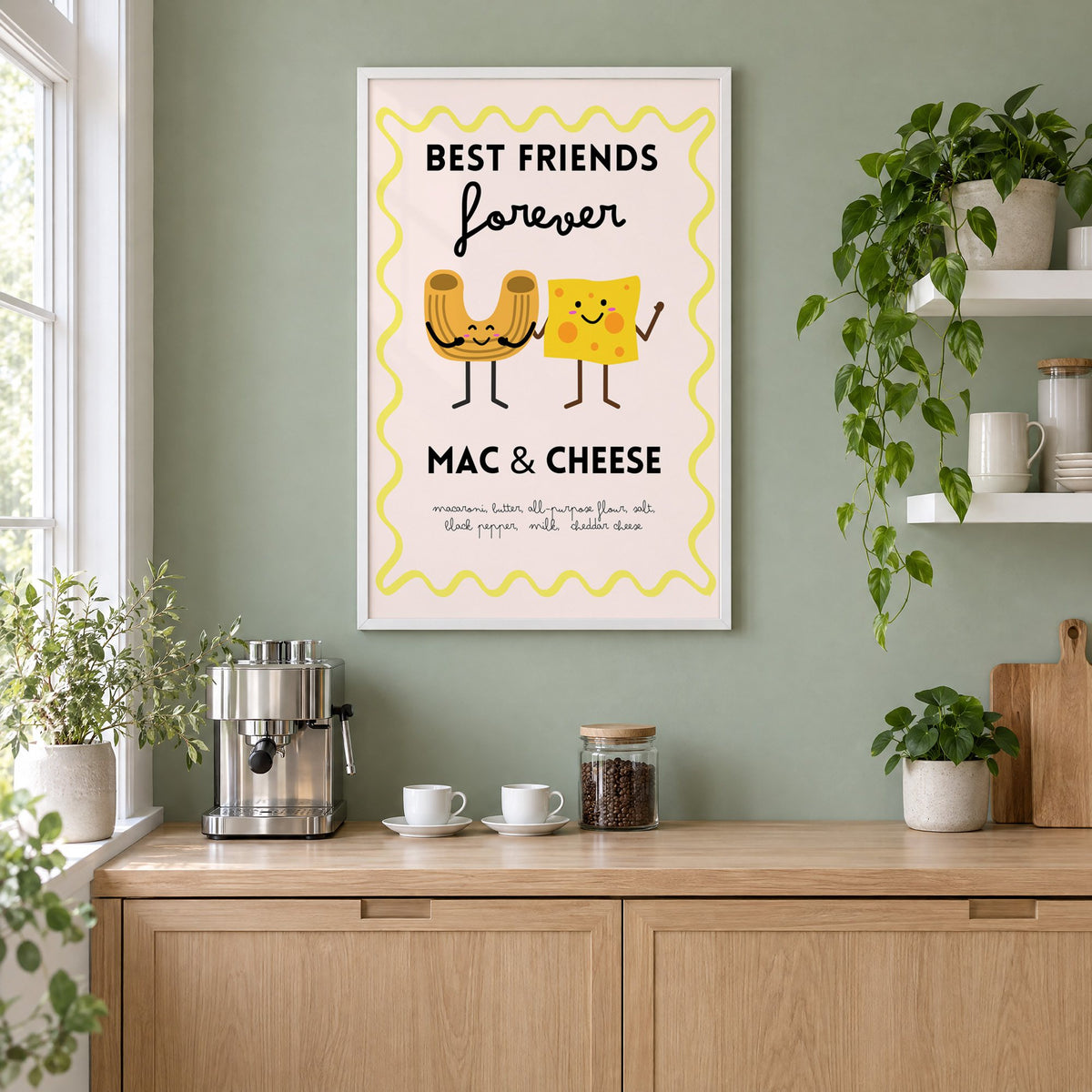 Mac and cheese best friends yellow print in a white frame on a sage green coffee nook wall above an espresso machine