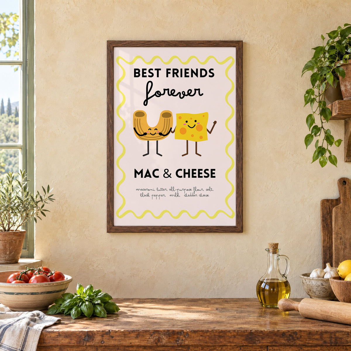 Mac and cheese best friends yellow print in a walnut frame above a rustic Italian kitchen table with tomatoes
