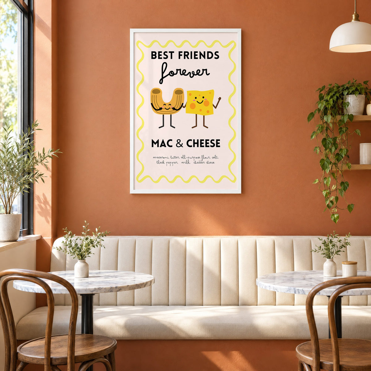 Mac and cheese best friends yellow print in a white frame above a cream banquette on a terracotta cafe wall