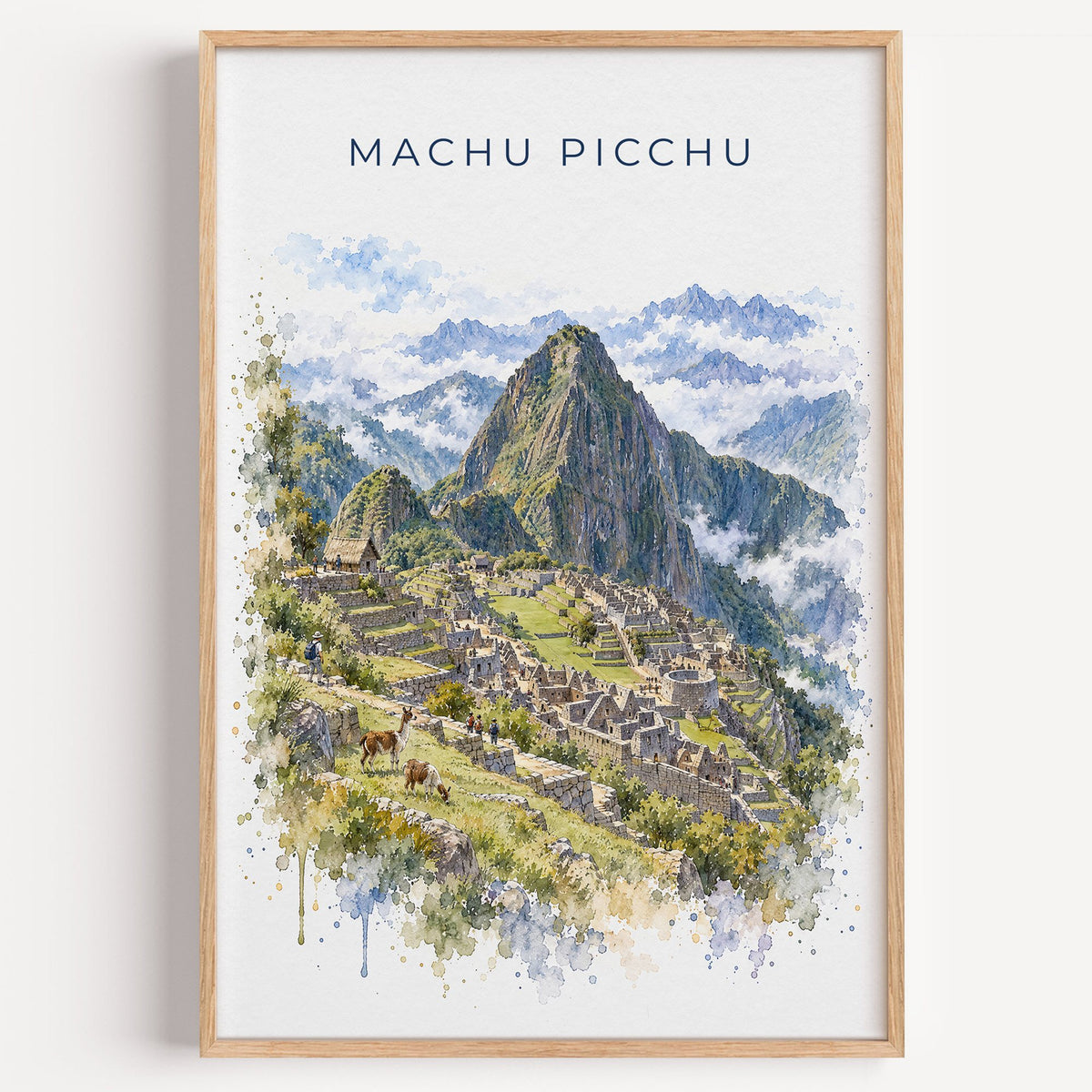 Machu Picchu watercolor print in a light oak frame on a plain white wall