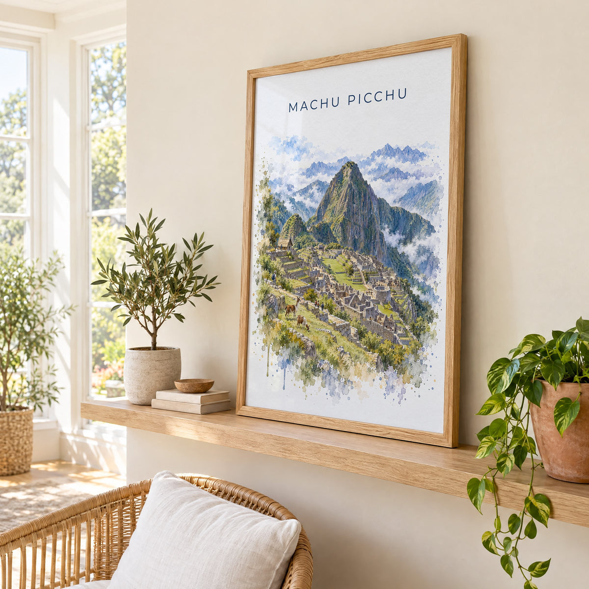 Machu Picchu watercolor print in an oak frame on a picture ledge in a sunlit sunroom