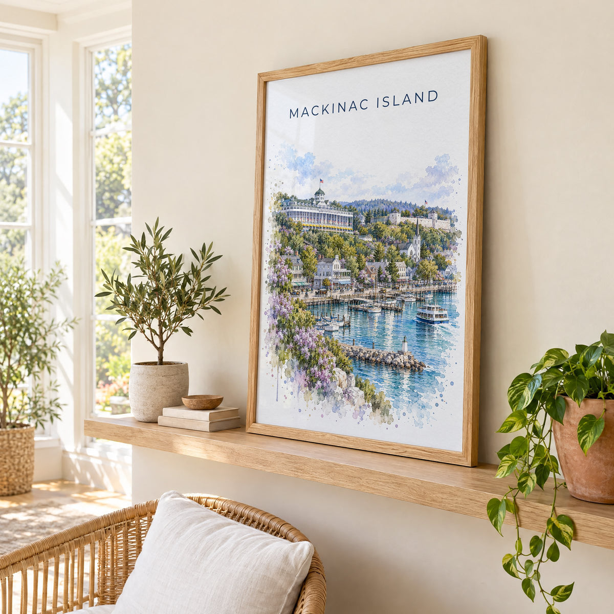 Mackinac Island watercolor print in an oak frame on a picture ledge in a sunlit sunroom