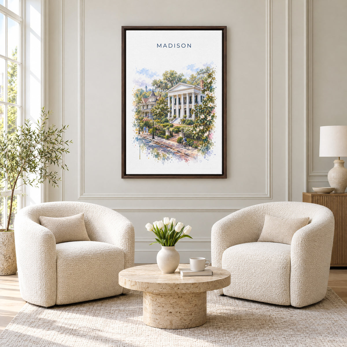 Madison, Georgia watercolor print as an espresso floater canvas above two boucle armchairs in a hotel lounge