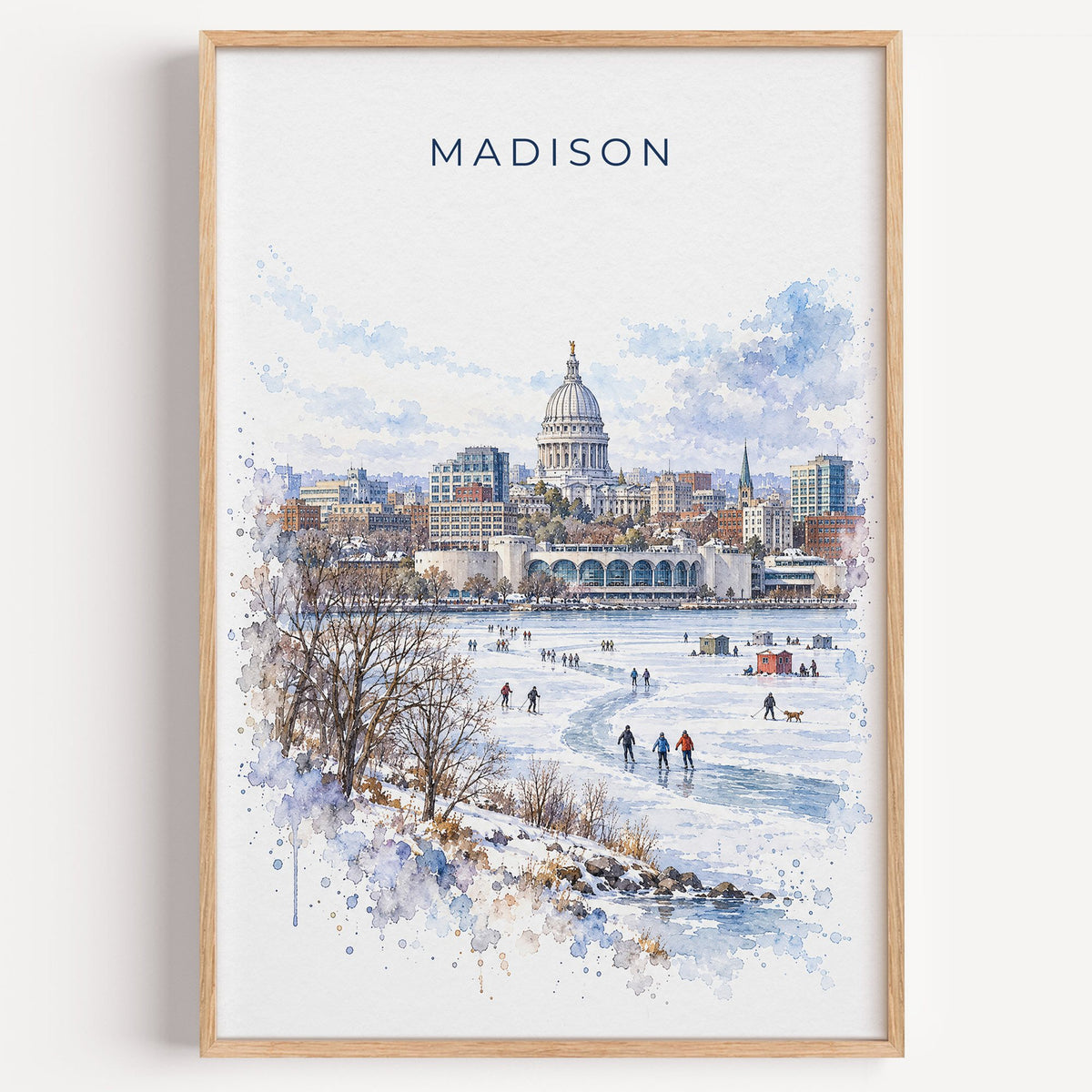 Madison watercolor print in a light oak frame on a plain white wall