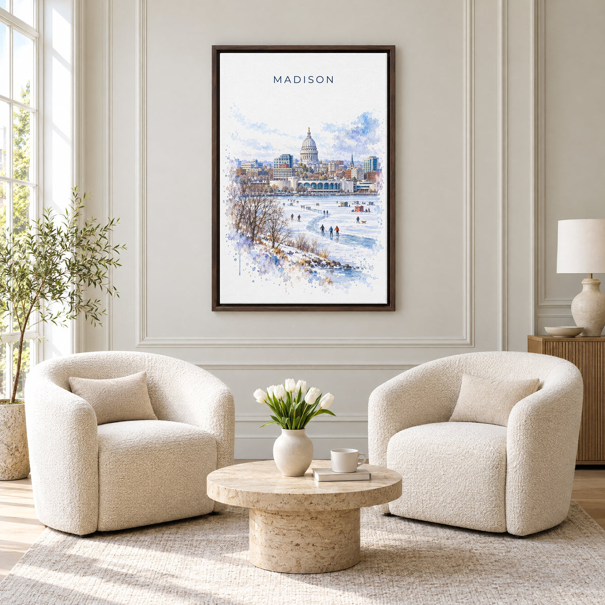 Madison watercolor print as an espresso floater canvas above two boucle armchairs in a hotel lounge