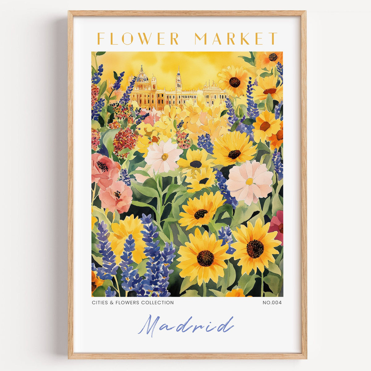 Madrid flower market print in a light oak frame on a plain white wall