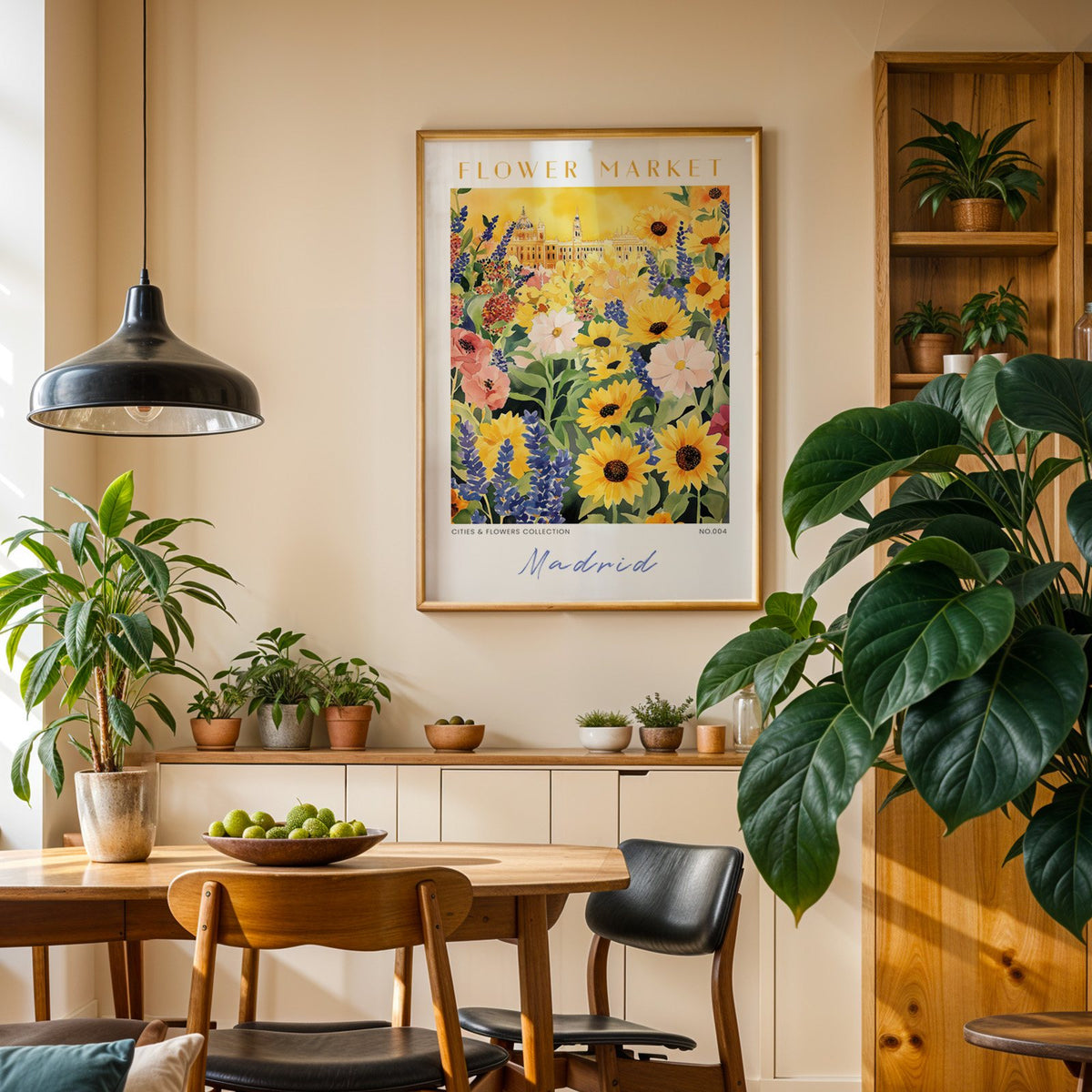 Madrid flower market print in an oak frame above a dining sideboard lined with potted plants
