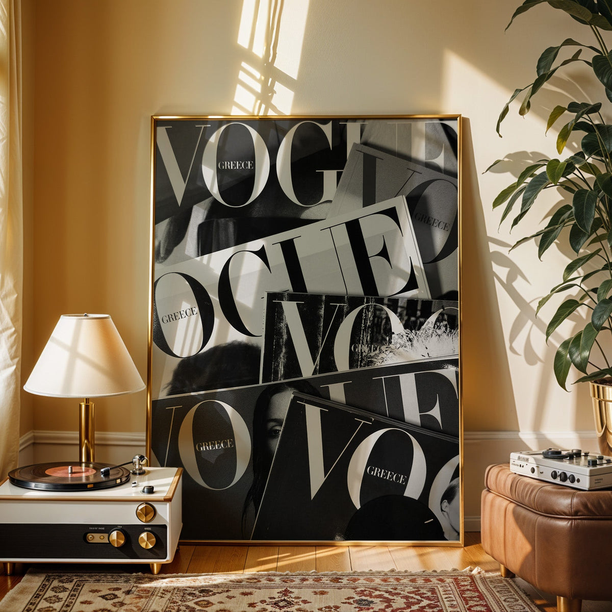 Overlapping magazine covers with giant lettering print shown in a gold frame beside a record player and table lamp