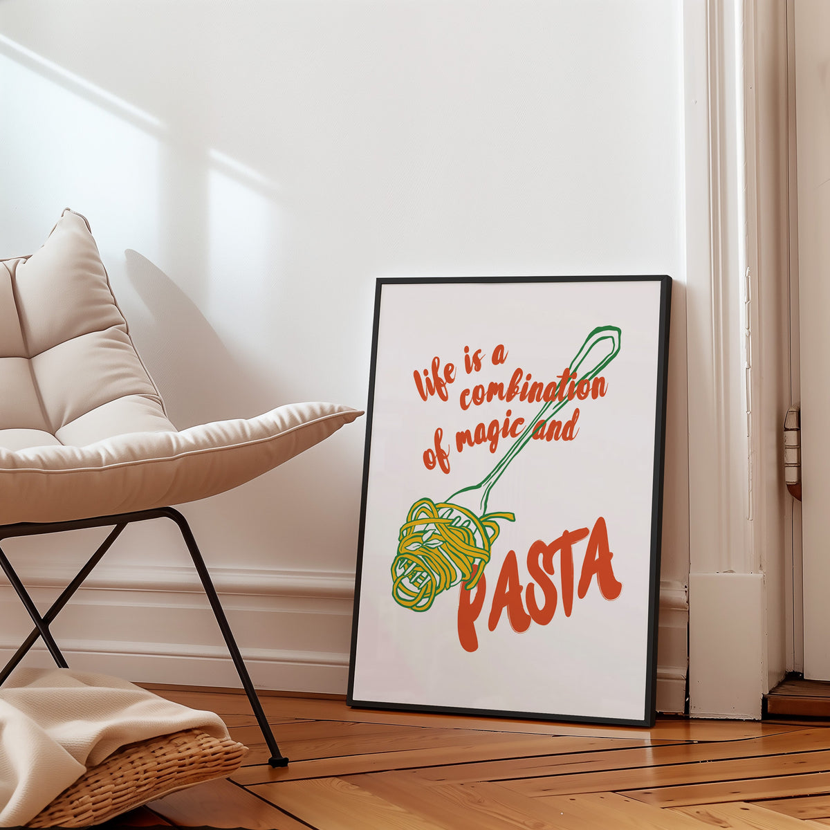 Magic and Pasta fork print in a black frame on a parquet floor