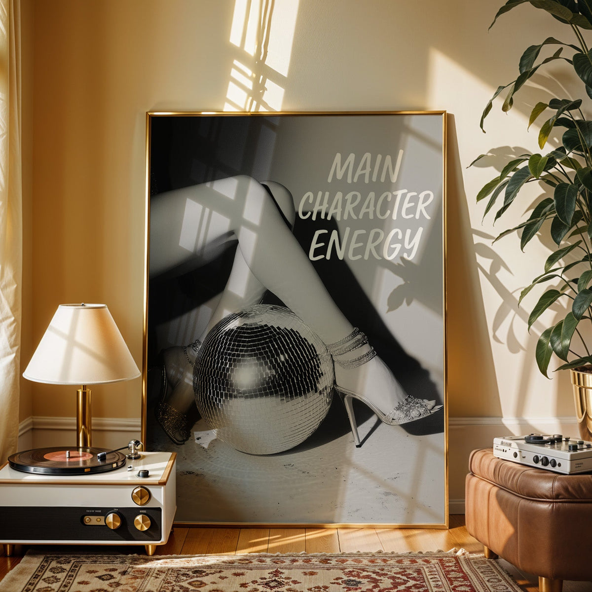 Crossed legs in heels beside disco ball print shown in a gold frame beside a record player and table lamp