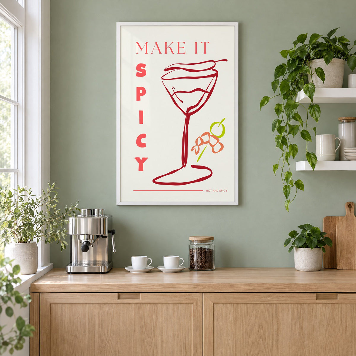 Make It Spicy martini line art print in a white frame on a sage green coffee nook wall above an espresso machine
