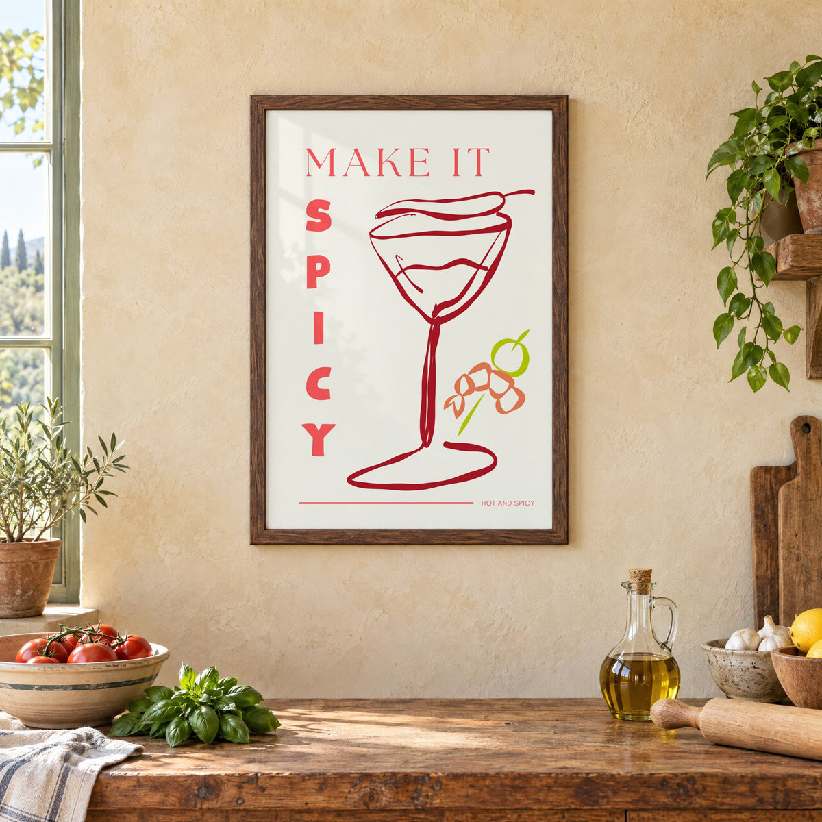 Make It Spicy martini line art print in a walnut frame above a rustic Italian kitchen table with tomatoes