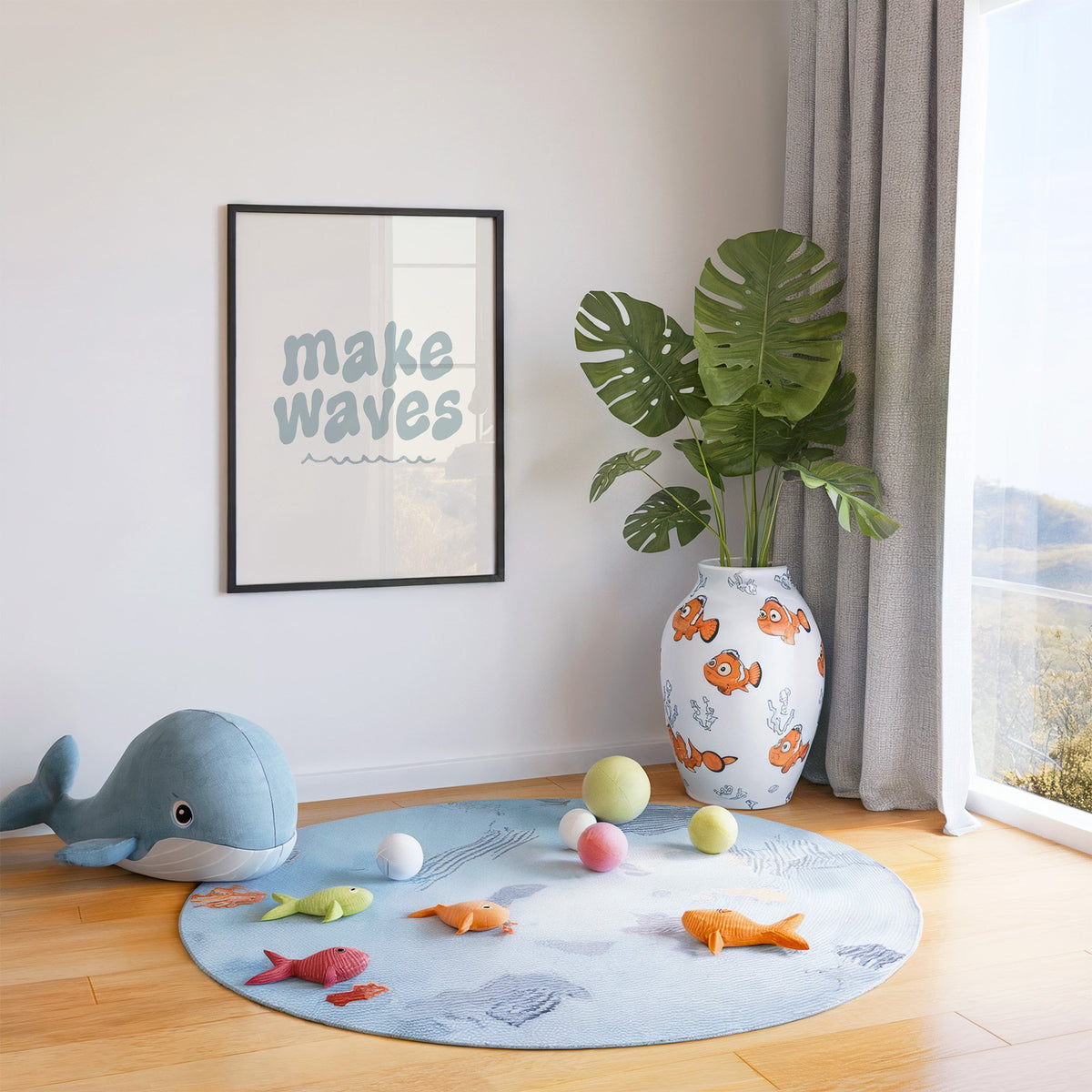 Make waves typography nursery print in a black frame in a playroom with an ocean rug and whale plush