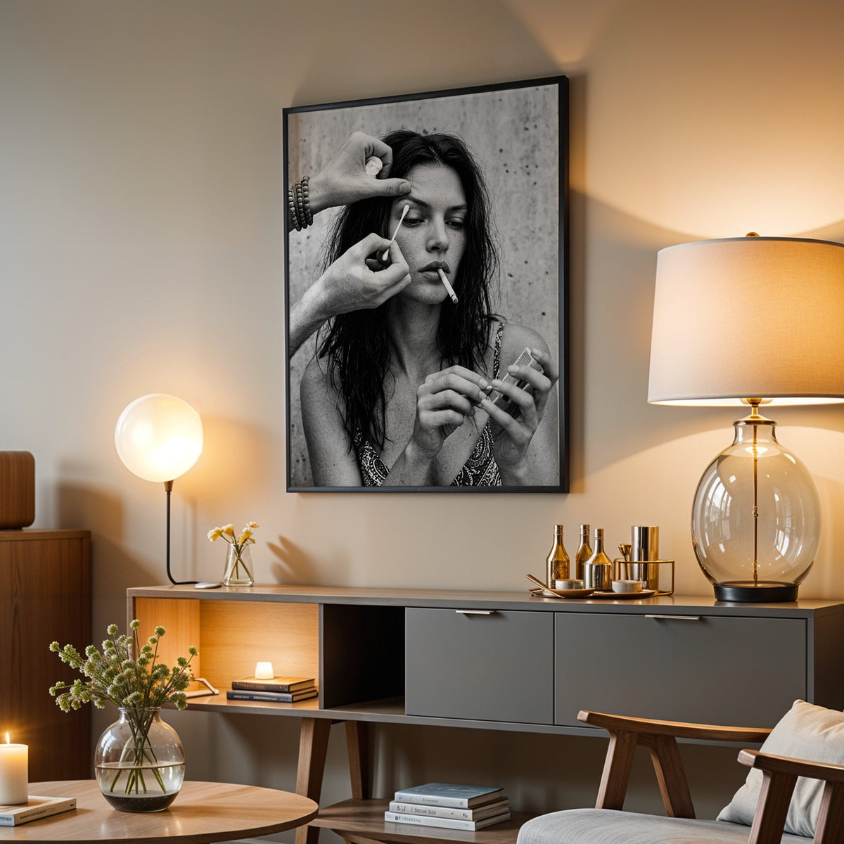 Makeup artist hands with cotton swab at eye print in a black frame above a grey media console with a glass table lamp