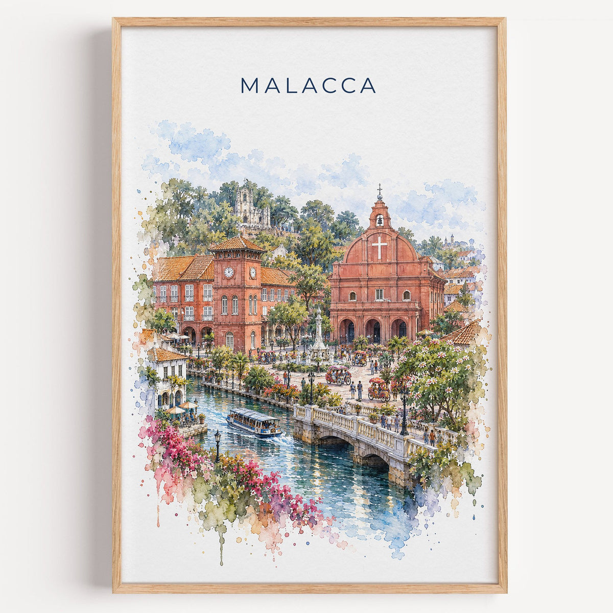 Malacca watercolor print in a light oak frame on a plain white wall