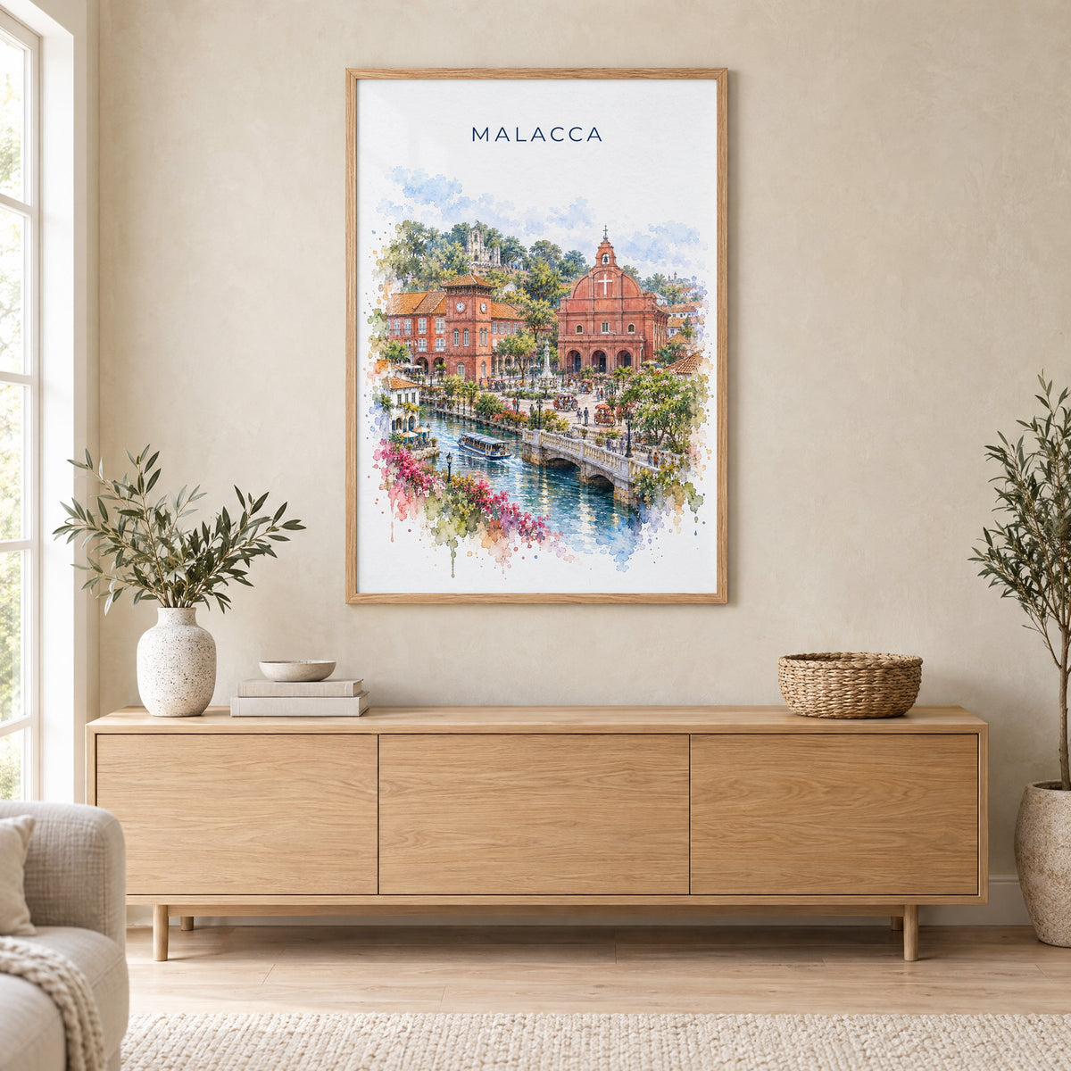 Malacca watercolor print in an oak frame above a light wood sideboard in a Scandinavian living room
