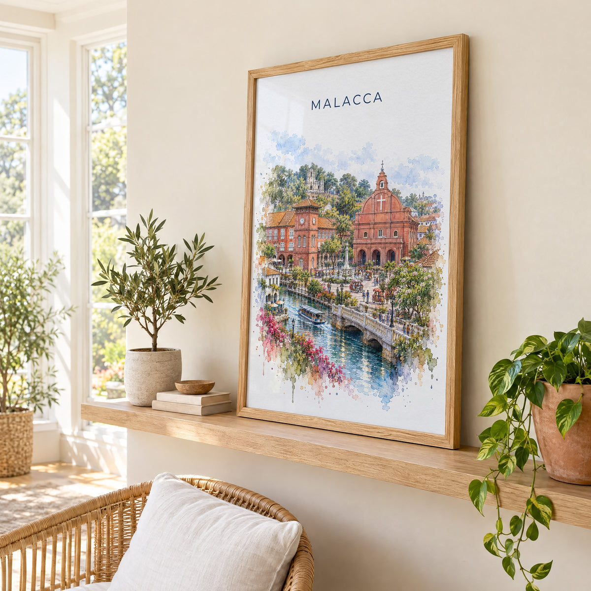 Malacca watercolor print in an oak frame on a picture ledge in a sunlit sunroom