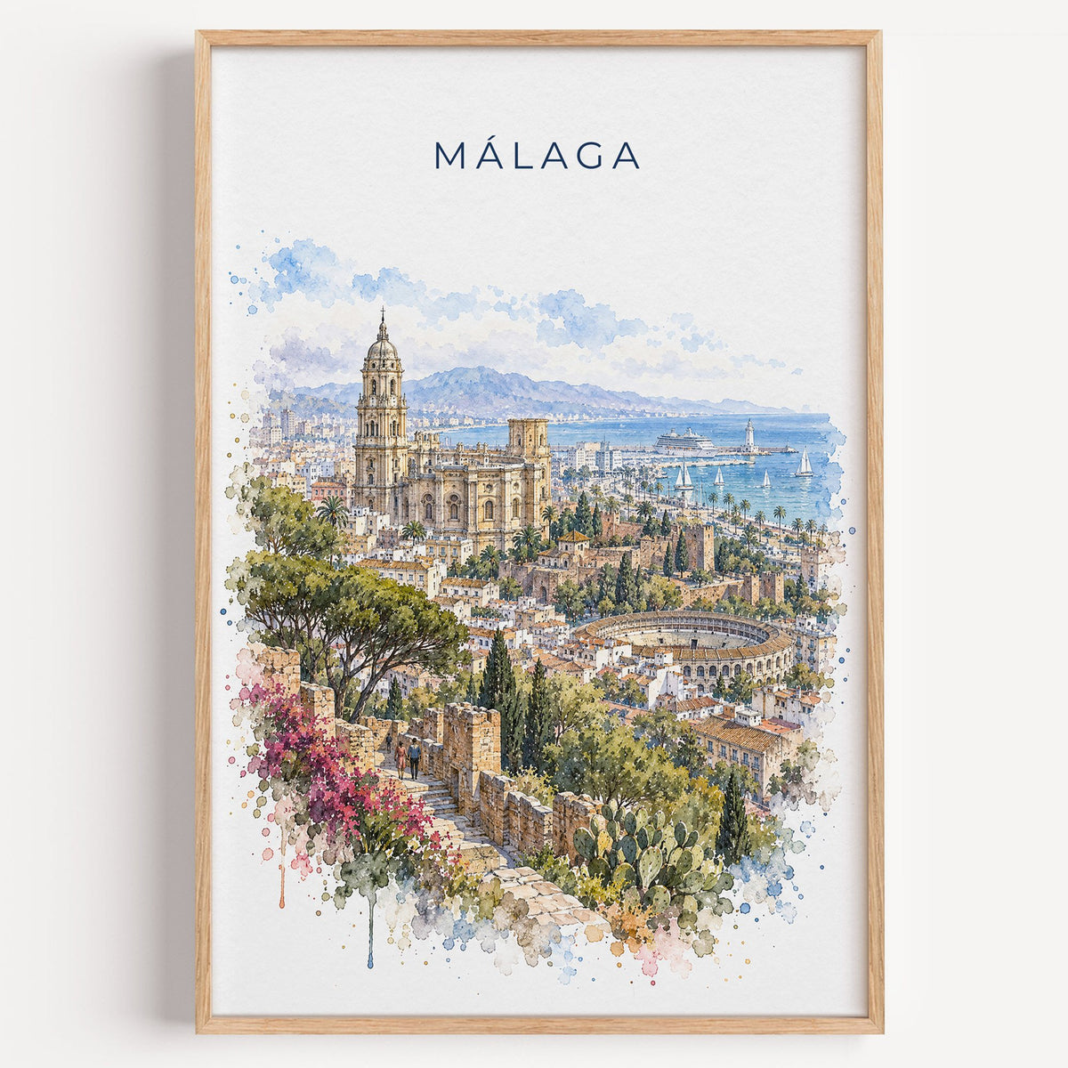 Málaga watercolor print in a light oak frame on a plain white wall