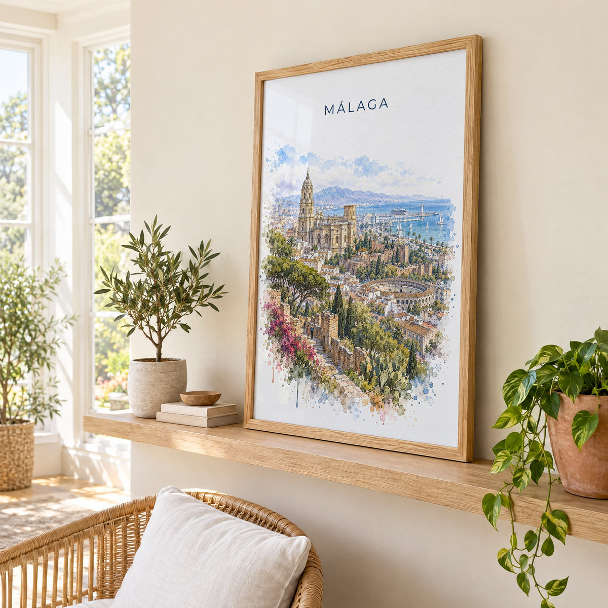 Málaga watercolor print in an oak frame on a picture ledge in a sunlit sunroom