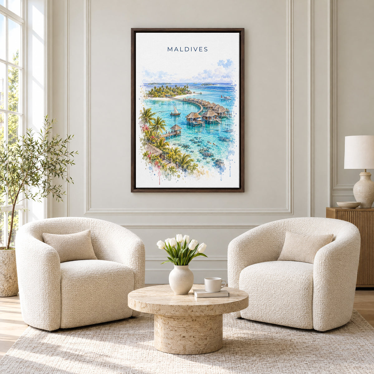 Maldives watercolor print as an espresso floater canvas above two boucle armchairs in a hotel lounge