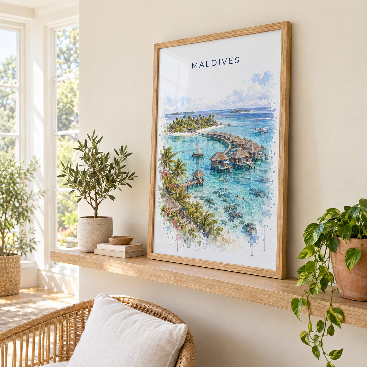 Maldives watercolor print in an oak frame on a picture ledge in a sunlit sunroom