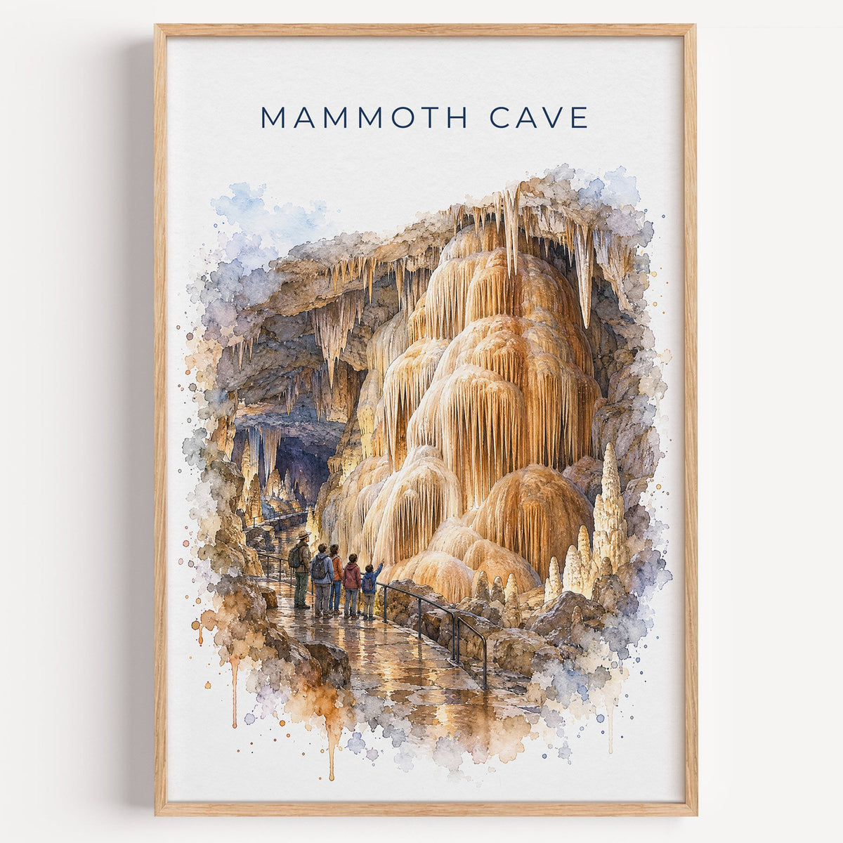 Mammoth Cave National Park watercolor print in a light oak frame on a plain white wall
