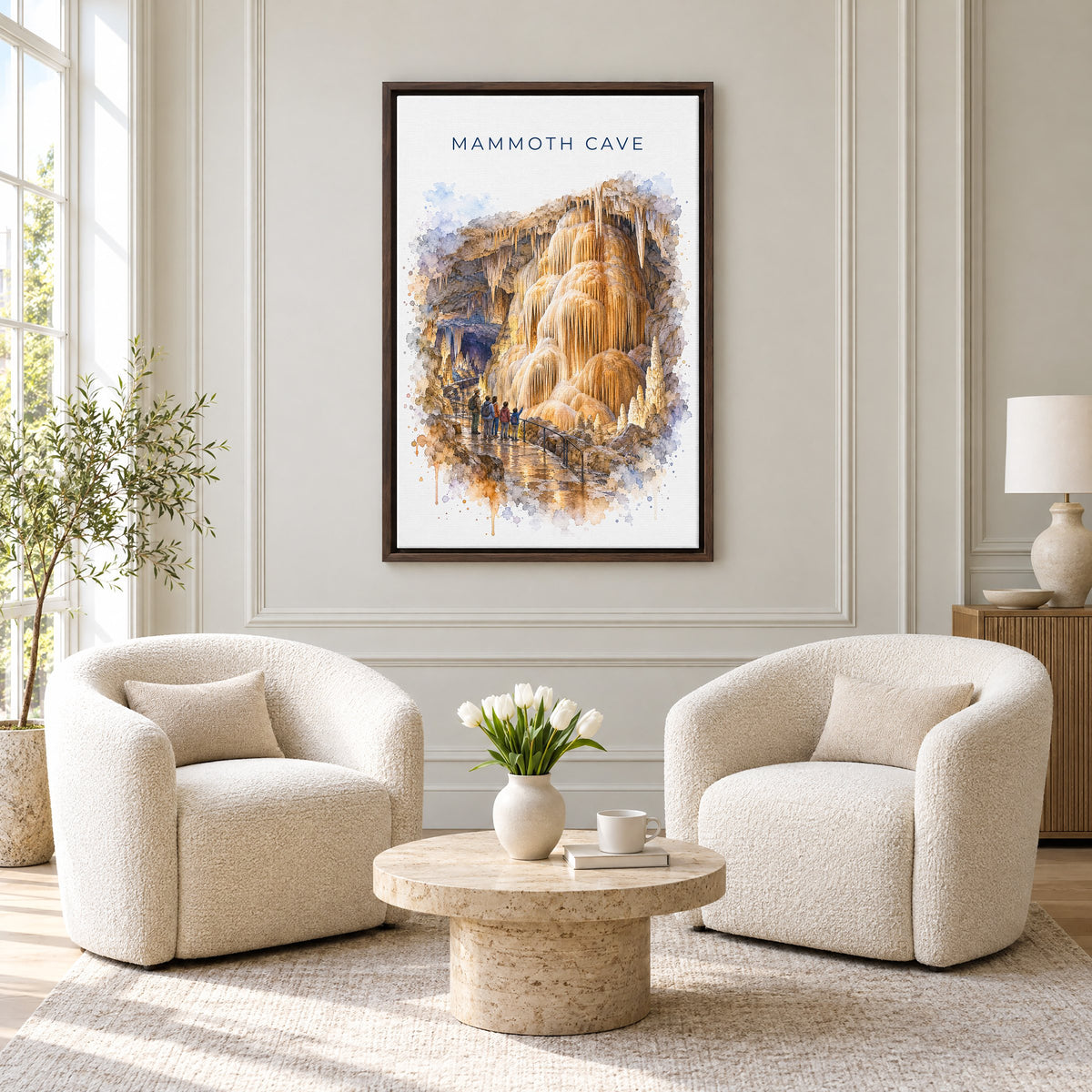 Mammoth Cave National Park watercolor print as an espresso floater canvas above two boucle armchairs in a hotel lounge