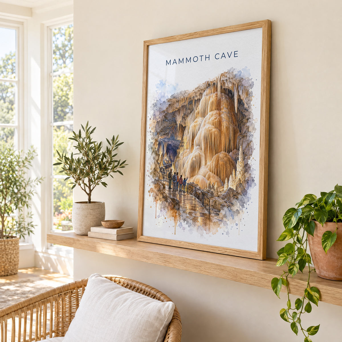 Mammoth Cave National Park watercolor print in an oak frame on a picture ledge in a sunlit sunroom