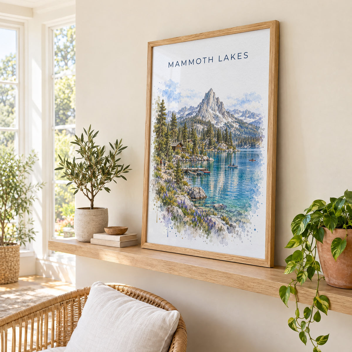 Mammoth Lakes watercolor print in an oak frame on a picture ledge in a sunlit sunroom