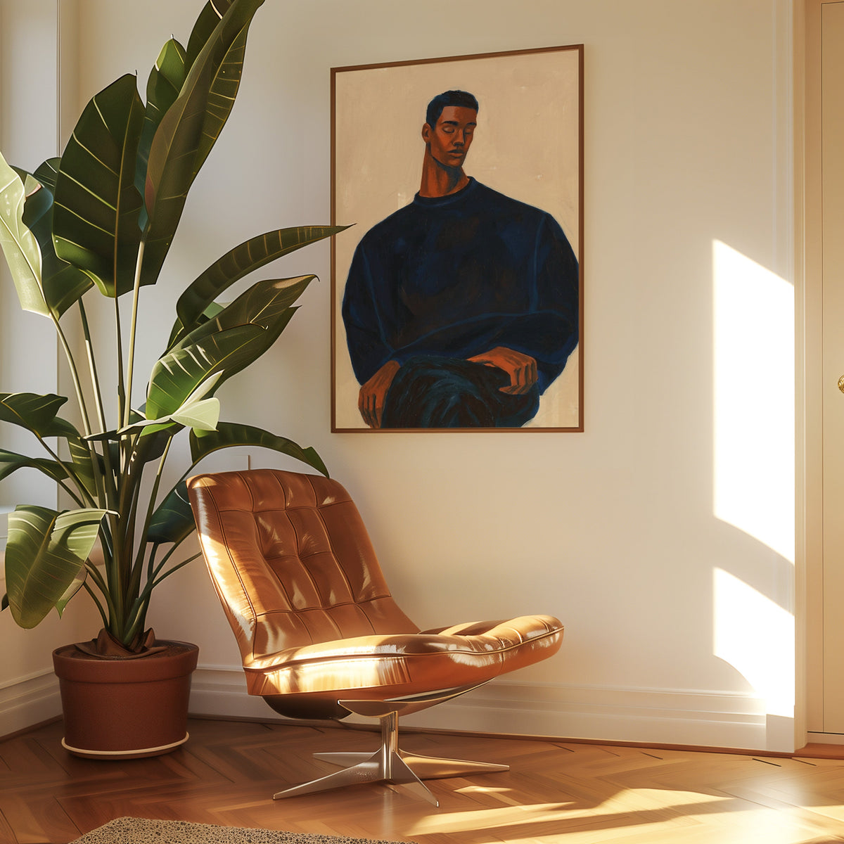 Modern male portrait print in a slim walnut frame above a tan leather lounge chair