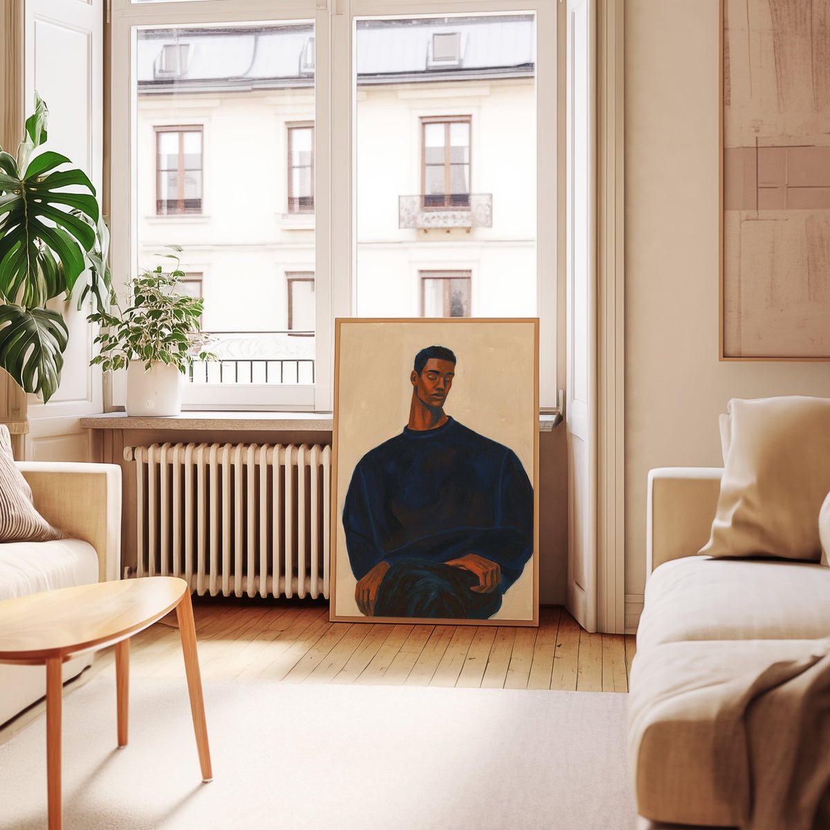 Navy and terracotta portrait print in an oak frame leaning below tall French windows