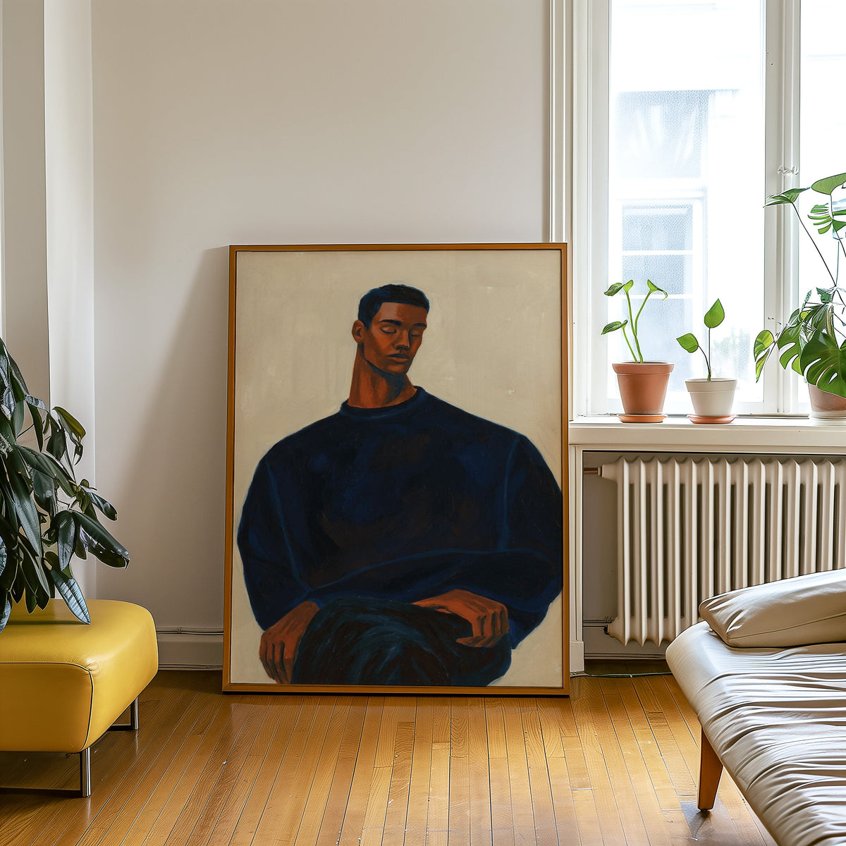 Calm figure portrait print in an oak frame leaning beside a yellow leather bench