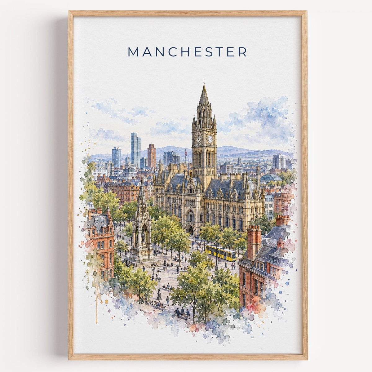 Manchester, England watercolor print in a light oak frame on a plain white wall