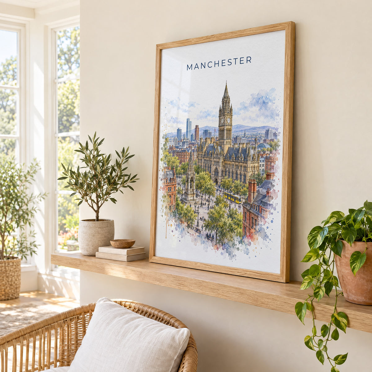 Manchester, England watercolor print in an oak frame on a picture ledge in a sunlit sunroom