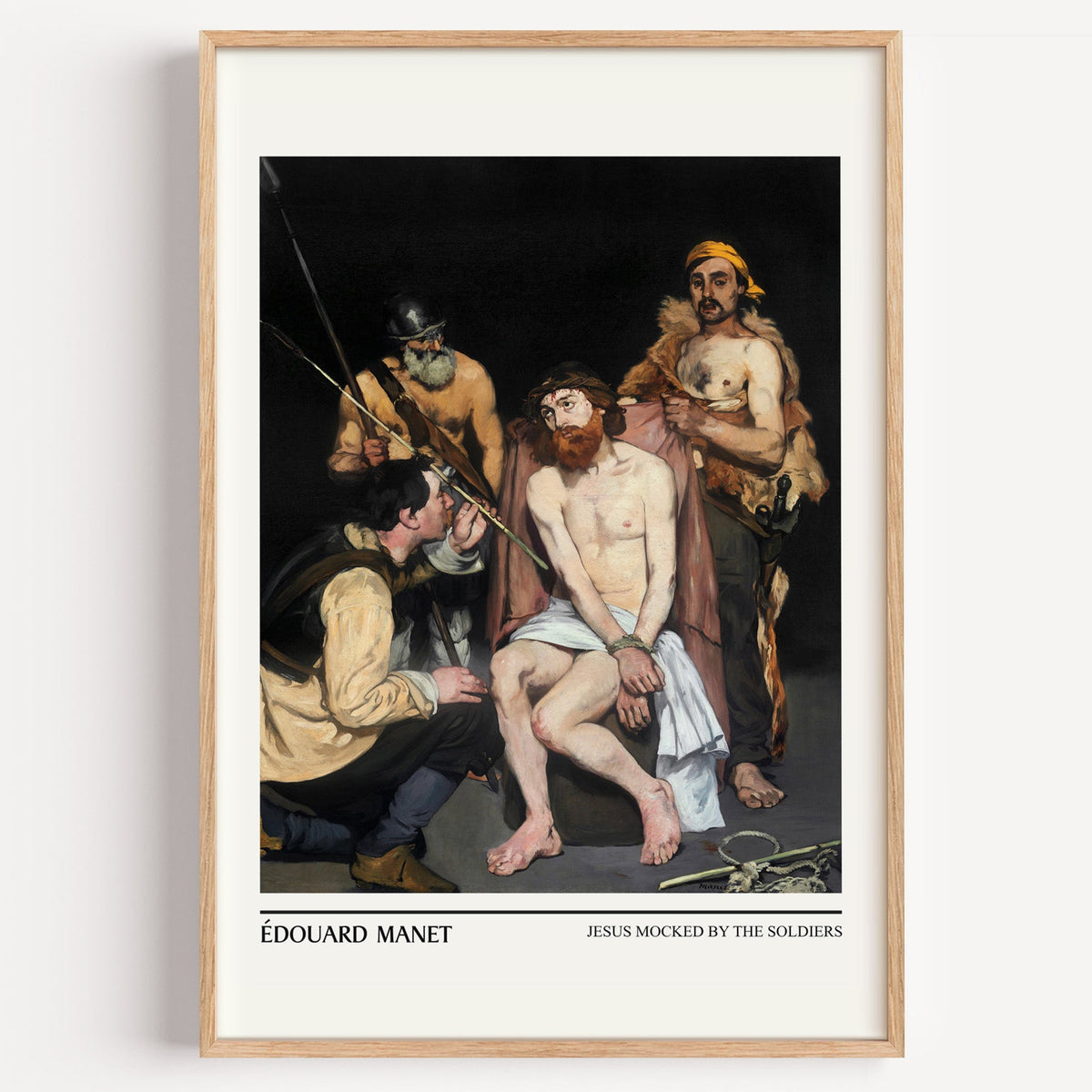 Édouard Manet Jesus Mocked by the Soldiers print in a light oak frame on a white wall