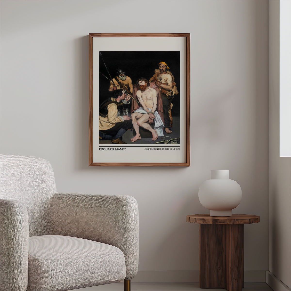 Religious figure painting print in a slim walnut frame above a bouclé armchair