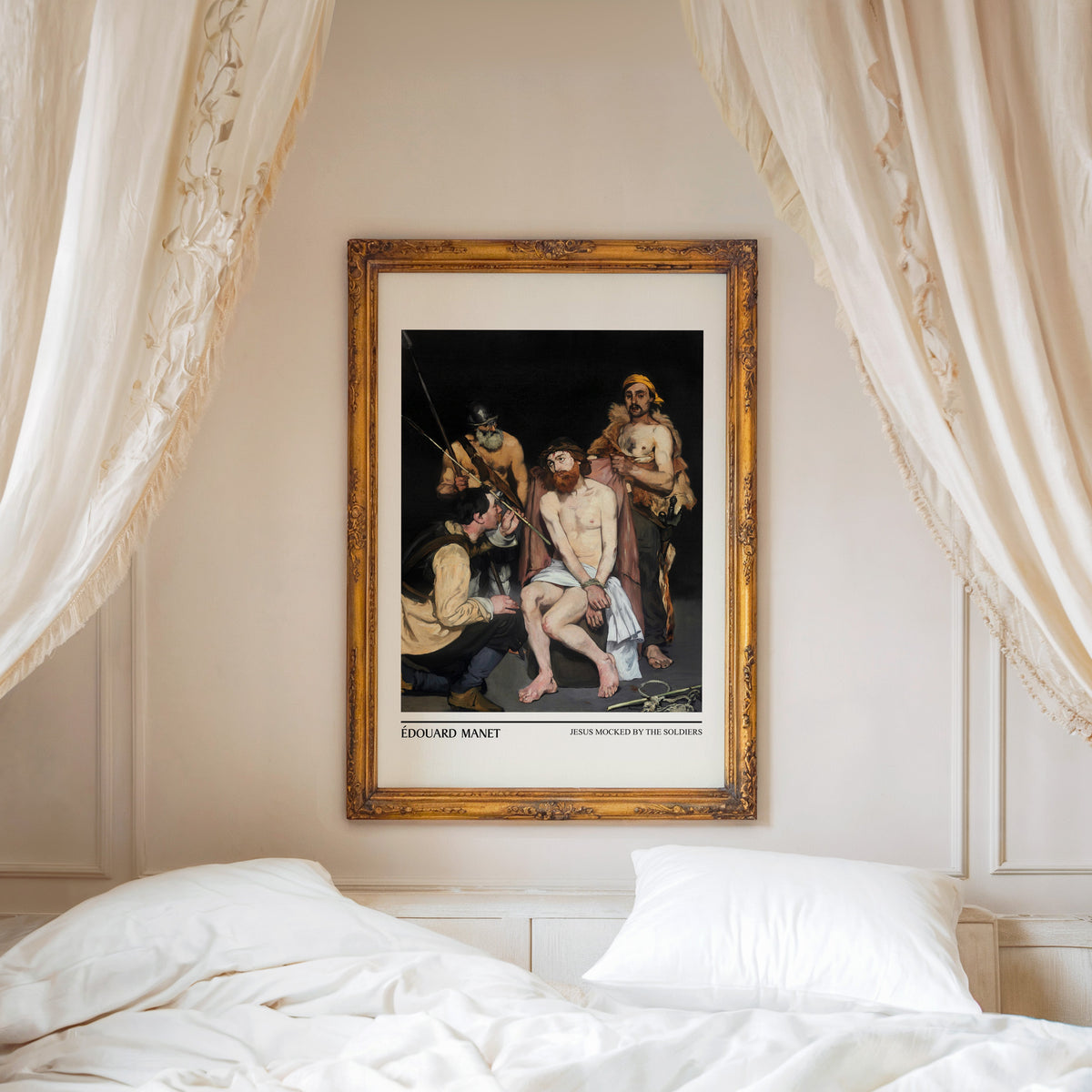 Jesus Mocked print shown in an ornate gold frame above a canopy bed